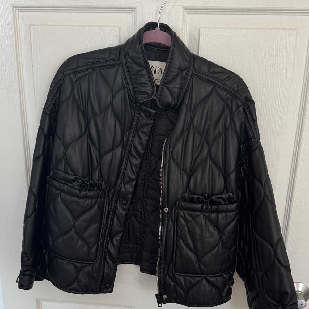 Zara Black Quilted Faux Leather Jacket